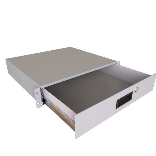 Hammond RDRW1900316LG1 2U Locking Rack Drawer, 14/16-Gauge Steel, 3.50" H x 17.36" W x 16.25" D, 129 lb, Lock/2 Keys, Light Gray.