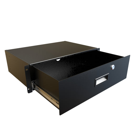 Hammond RDRW1900512BK1 3U Locking Rack Drawer, 14/16-Gauge Steel, 5.25" H x 17.36" W x 12.25" D, 145 lb, Lock/2 Keys, Black.