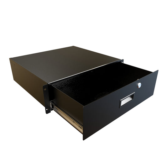Hammond RDRW1900516BK1 3U Locking Rack Drawer, 14/16-Gauge Steel, 5.25" H x 17.36" W x 16.25" D, 129 lb, Lock/2 Keys, Black.