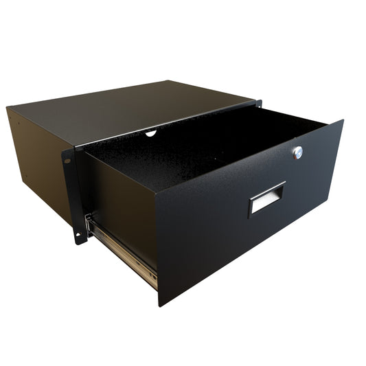 Hammond RDRW1900712BK1 4U Locking Rack Drawer, 14/16-Gauge Steel, 7.00" H x 17.36" W x 12.25" D, 145 lb, Lock/2 Keys, Black.