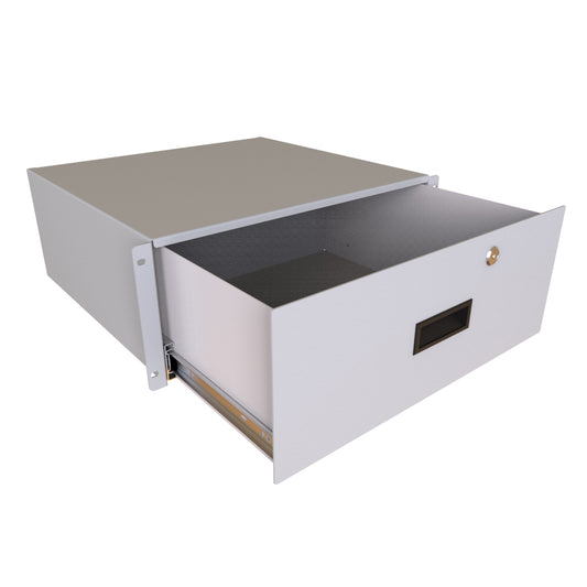 Hammond RDRW1900716LG1 4U Locking Rack Drawer, 14/16-Gauge Steel, 7.00" H x 17.36" W x 16.25" D, 129 lb, Lock/2 Keys, Light Gray.