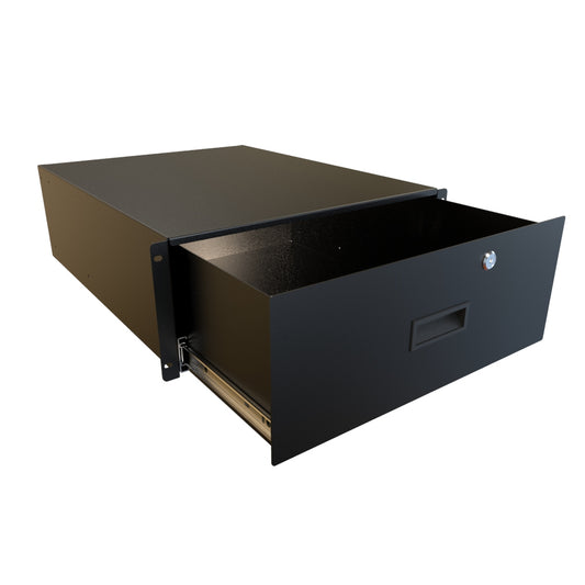 Hammond RDRW1900722BK1 4U Locking Rack Drawer, 14/16-Gauge Steel, 7.00" H x 17.36" W x 22.25" D, 107 lb, Lock/2 Keys, Black.