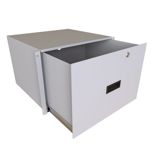 Hammond RDRW1901216LG1 7U Locking Rack Drawer, 14/16-Gauge Steel, 12.25" H x 17.36" W x 16.25" D, 129 lb, Lock/2 Keys, Light Gray.