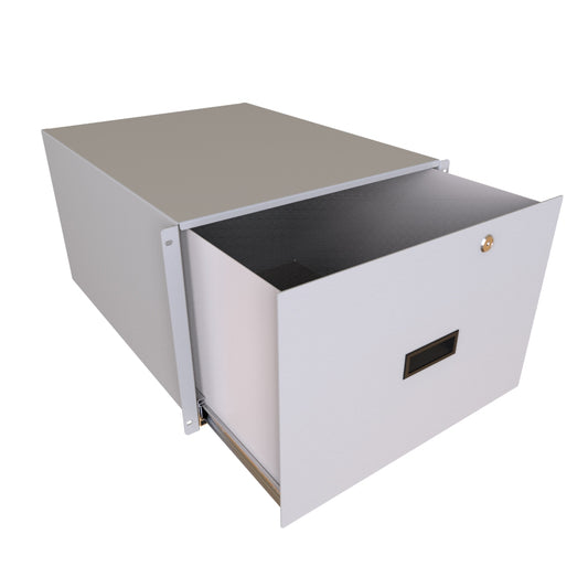 Hammond RDRW1901222LG1 7U Locking Rack Drawer, 14/16-Gauge Steel, 12.25" H x 17.36" W x 22.25" D, 107 lb, Lock/2 Keys, Light Gray.
