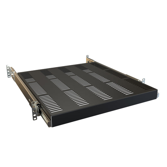 Hammond RSVS1918BK1 Vented Rack-Mount Sliding Shelf, 3U, 18.12" Deep, 18" Slide Travel, 130 lb Capacity, Black Steel.