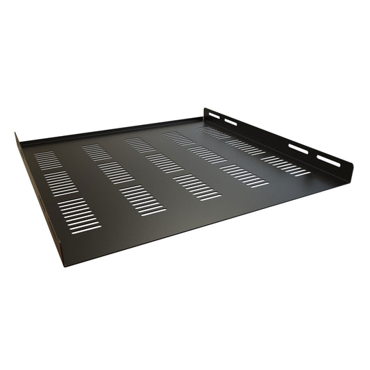 Hammond RZVS1918BK1 Vented Fixed Rack Shelf with Rear Up-Flange, 1.31" x 17.75" x 17.84", 170 lb Capacity, Black Steel.