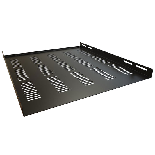 Hammond RZVS1921BK1 Vented Fixed Rack Shelf with Rear Up-Flange, 1.31" x 17.75" x 20.84", 170 lb Capacity, Black Steel.