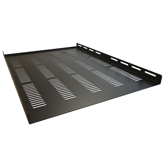 Hammond RZVS1926BK1 Vented Fixed Rack Shelf with Rear Up-Flange, 1.31" x 17.75" x 25.84", 170 lb Capacity, Black Steel.
