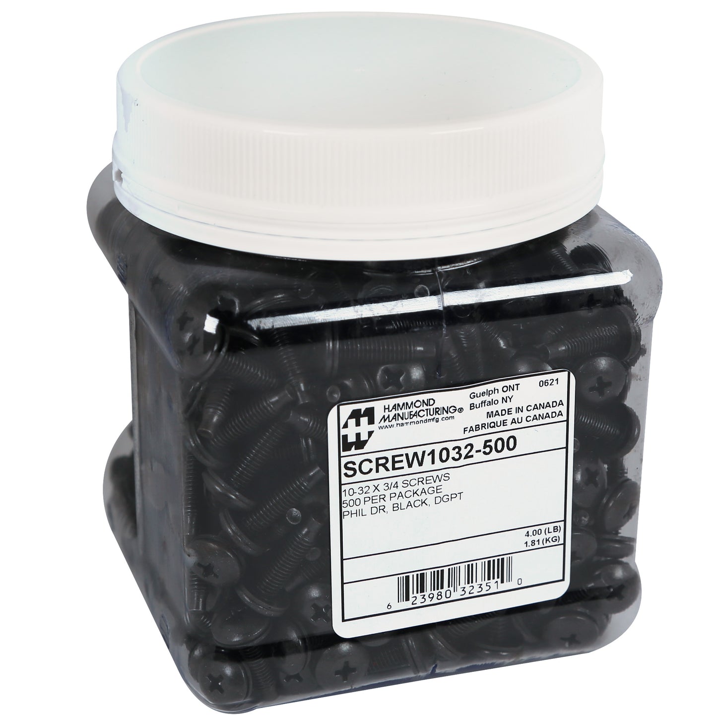 Hammond SCREW1032-500 10-32 3/4" Rackscrew with Pilot Point, with Nylon Washer, Black Finish, 500/Jar